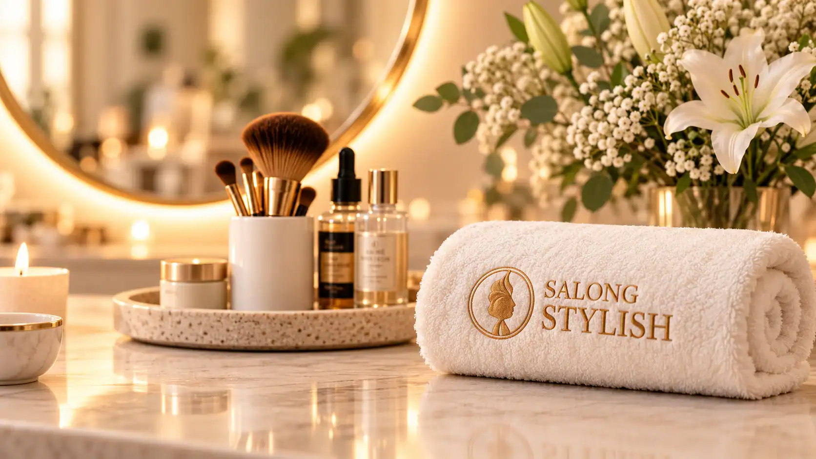 Salong Stylish skönhetsmiljö med handduk och produkter