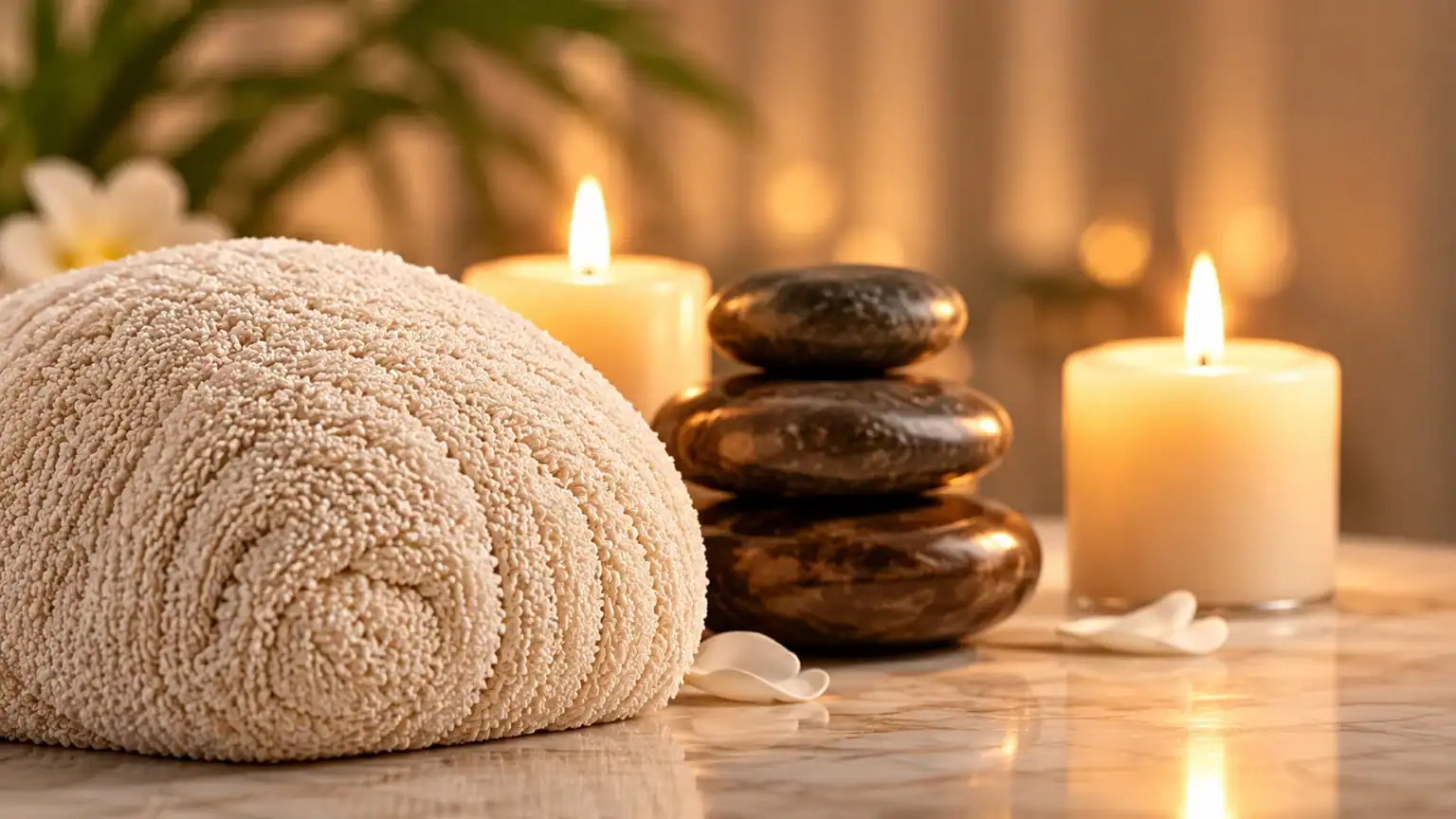 SPA-stenar, mjuk handduk och tända ljus